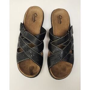 Clarks Bendables Wedge Open Toe Black Sandals Adjust Strap Leather Size 8.5M